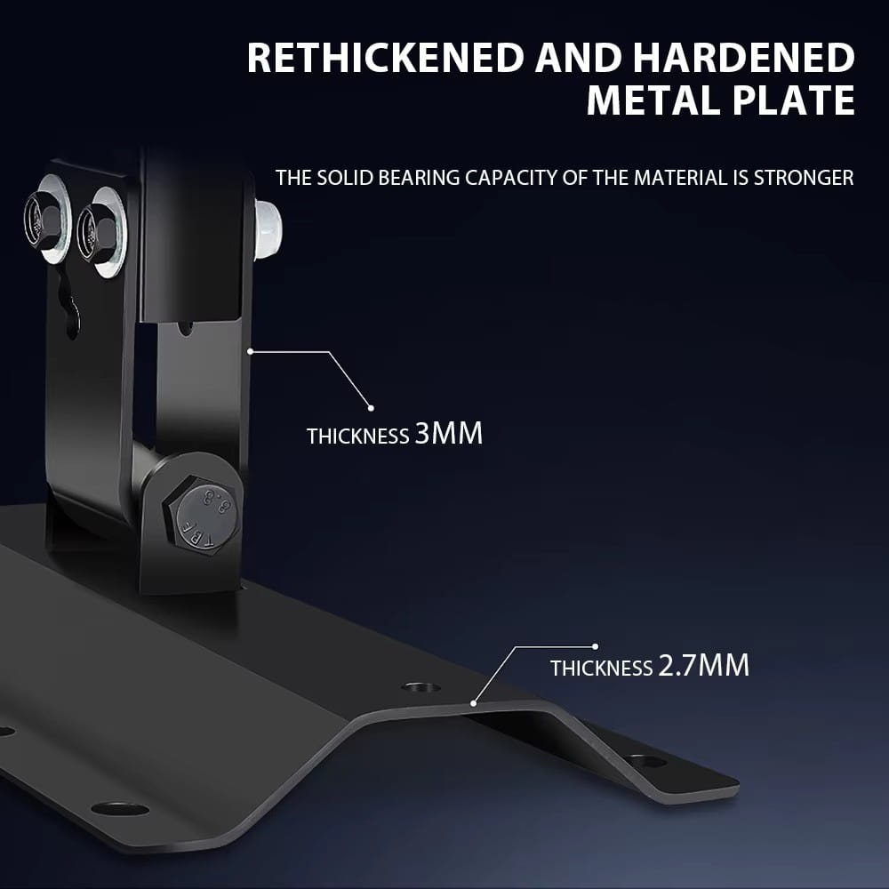 black rethickened and hardened metal speaker wall mount bracket with 3mm vertical section and 2.7mm base thickness featuring bolted mounting hardware for secure installation