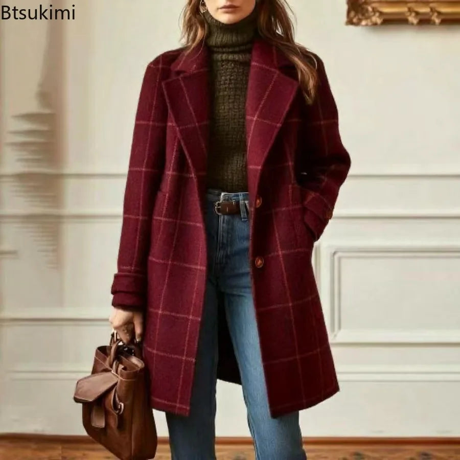 Winter Women's Wool Mid Length Coats Jackets Blends Plaid Turn Down Collar Coat Thick Warm Y2k Streetwear Jacket Work Outerwear