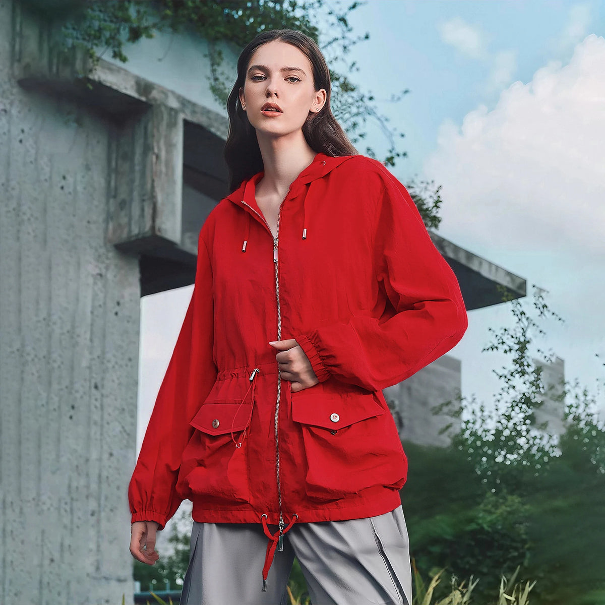 CHCH Women's Jacket Drawstring Waist Design Female Thin Stormtrooper Jacket Fashion Spring Autumn Outdoor Windproof Ladies Coat