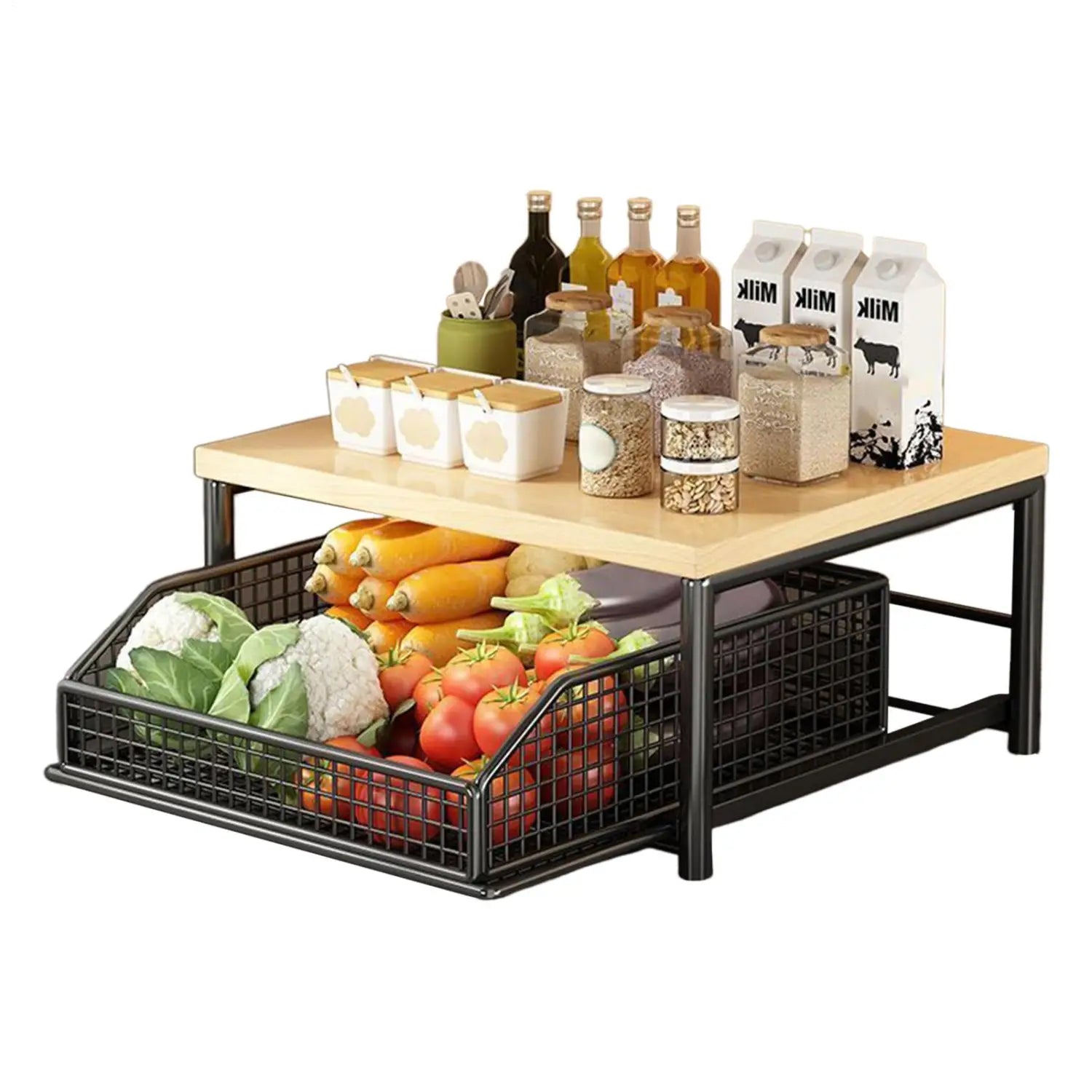 Organisateur de tiroir en treillis métallique noir avec une surface de plateau en bois clair, dans une étagère de rangement de cuisine à deux niveaux en bois et métal, pour un rangement et une organisation de cuisine efficaces.
