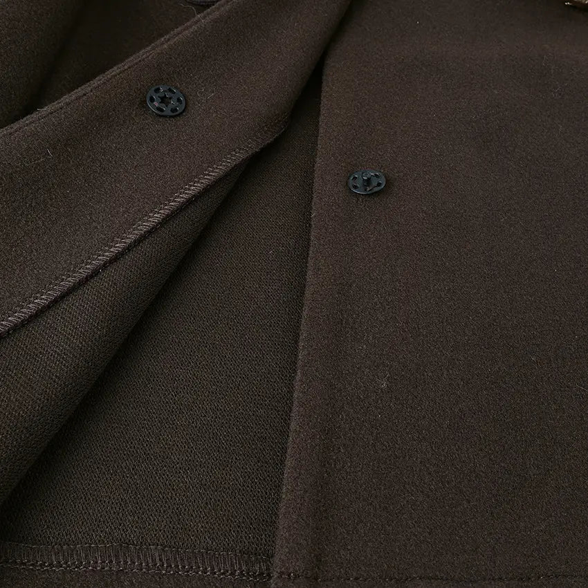 dark brown woolen coat with wool belt and black circular buttons ideal for winter wear