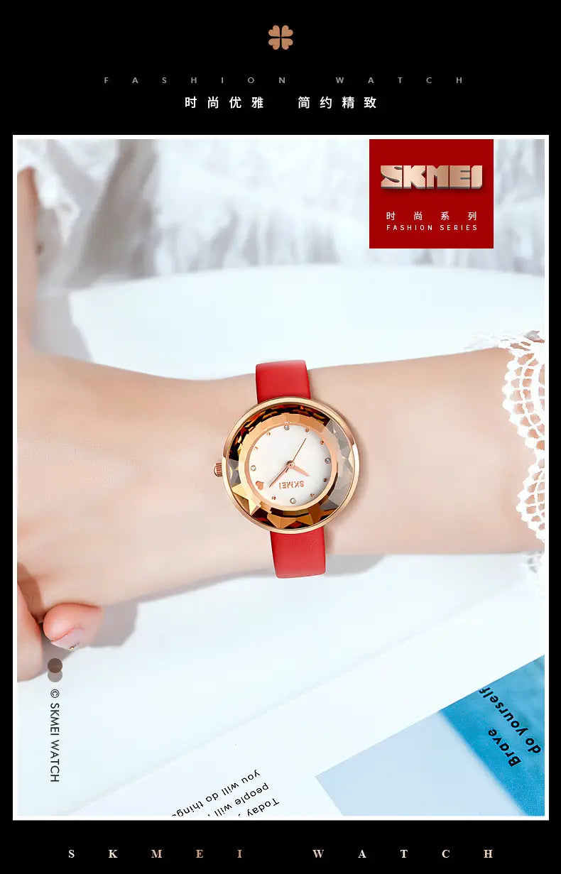 A floral quartz watch from skmei fashion series featuring a red leather strap, gold-tone case with diamond-like bezel embellishments, and a white dial in a gift box.