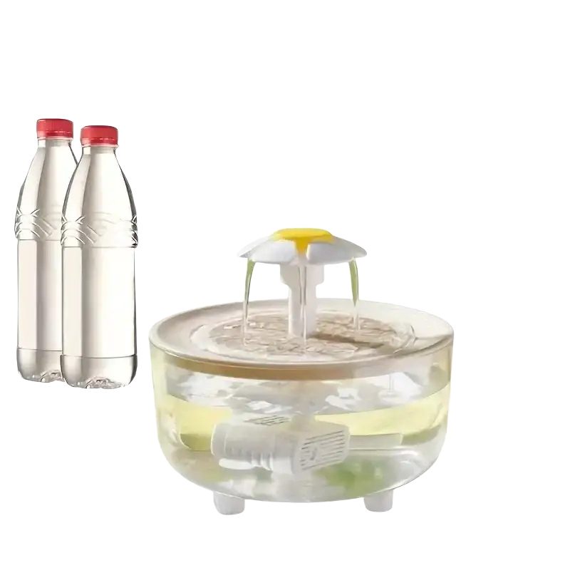 Clear plastic pet water dispenser with white and yellow flower top using two 500ml bottles for automatic pet drinking