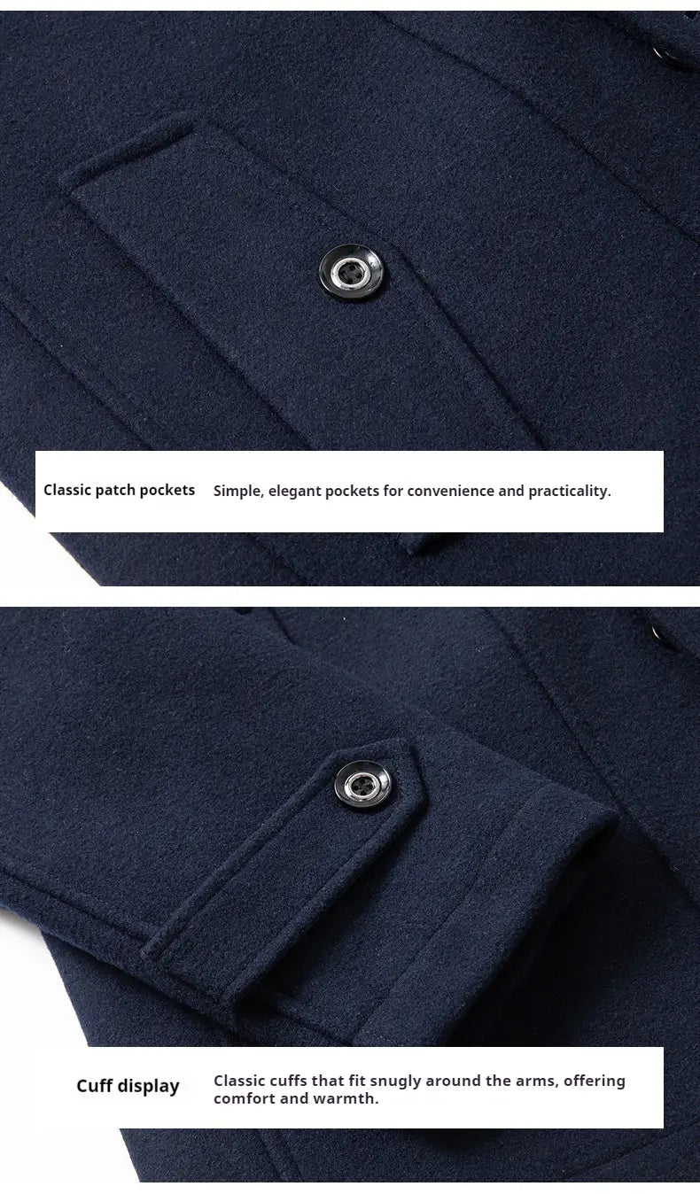 Dunkelblauer Herren-Woll-Trenchcoat mit klassischen aufgesetzten Taschen und geknöpften Ärmelsäumen aus Wollmaterial für den Wintergebrauch modname=ckeditor