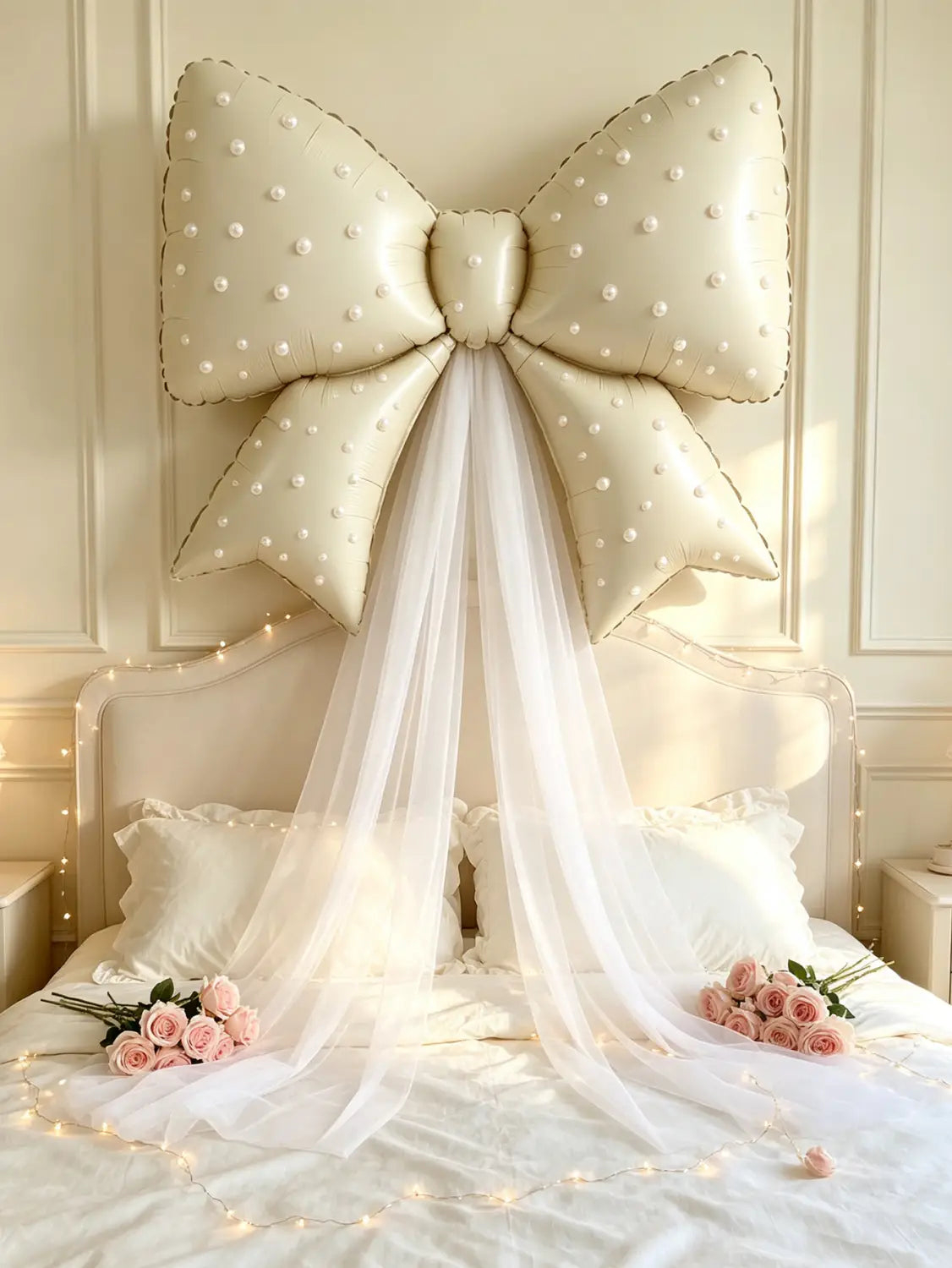 Nœud décoratif pour ballon de mariage de couleur crème, avec ornements évoquant des perles et un tissu de tulle blanc translucide tombant en dessous, pour une décoration élégante.