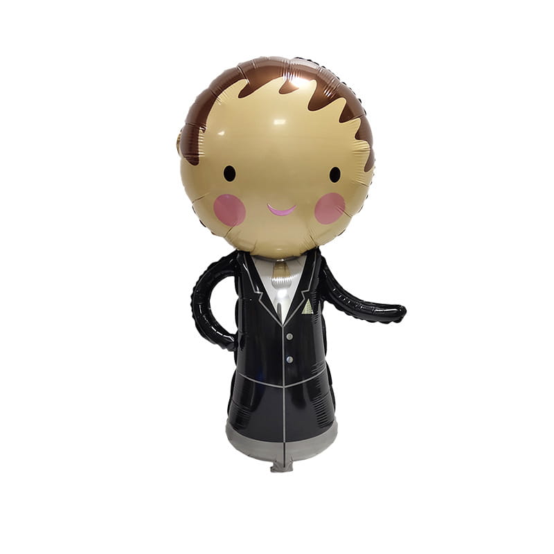 A shiny cartoon-style balloon figure dressed in a black suit with a white shirt and silver buttons featured in a wedding car balloon package couple decor.