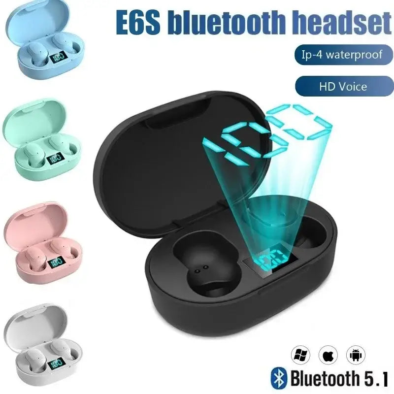 Black e6s wireless earbuds bluetooth gaming headset in a sleek matte finish charging case with an illuminated digital display on the lid.