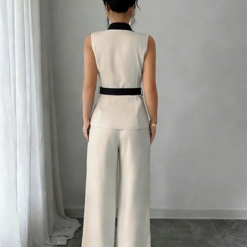 Women's Office Lady Ensemble Outfit Autumn Sleeveless Straight Leg Pants Set Classy Bandeau Elegant Style Top And Vest 2 Set
