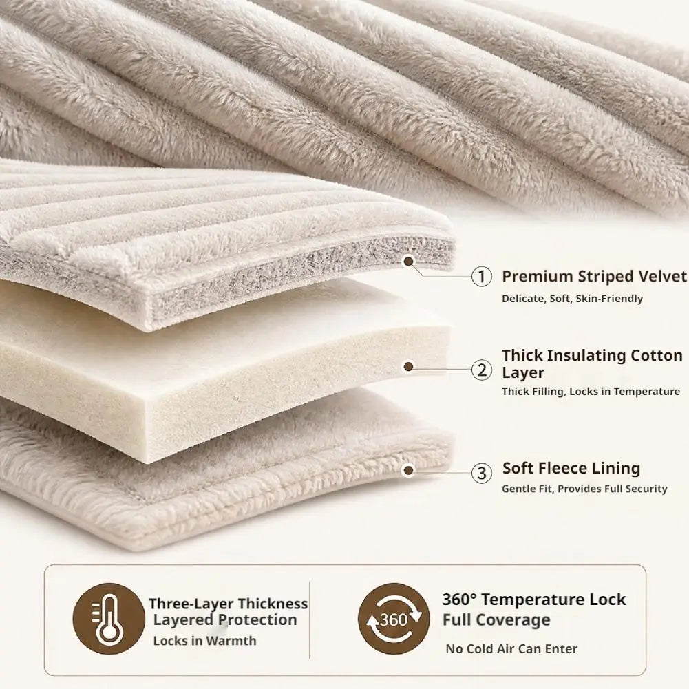 a plush beige striped velvet pet bed blanket with a thick insulating cotton layer and soft fleece lining for warmth in a washable warm cotton pet house