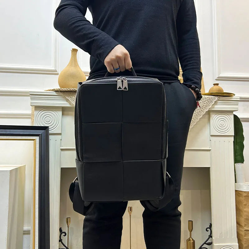 Fashionable Large Capacity Leather Woven Business Casual Travel Backpack Men's Double Shoulder Bag Leisure Pure Color Vertica...