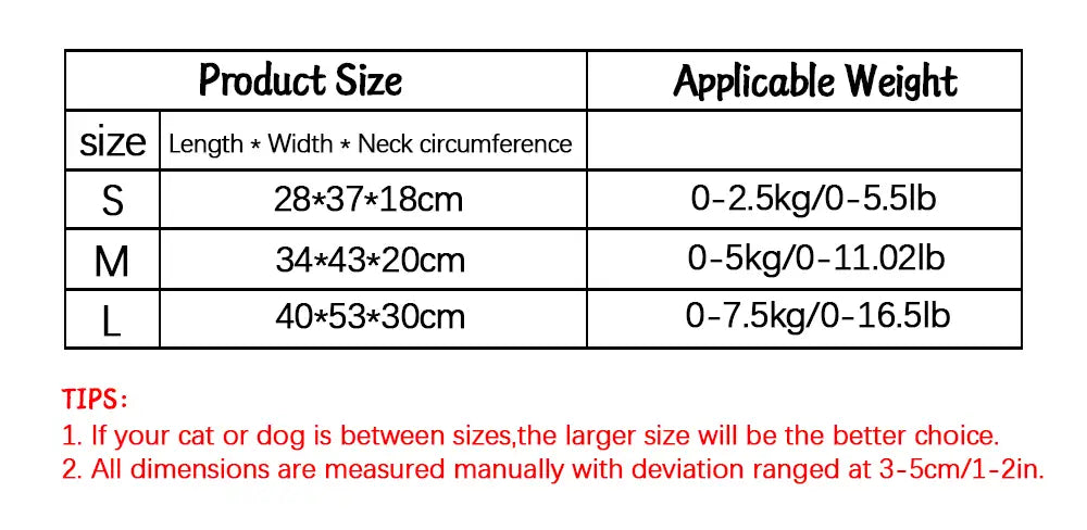 This product size and weight chart for an adjustable pet dog clothes reindeer winter costume displays sizes small, medium, and large with corresponding dimensions in centimeters and applicable weights in kilograms and pounds.