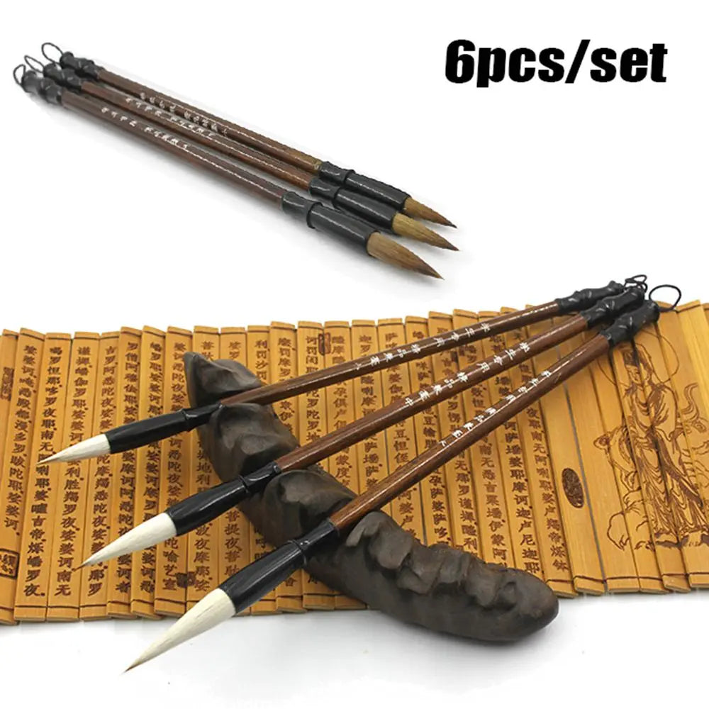 6Pcs/set Writing Practice Brush Chinese Calligraphy Brown Weasel Hair Brush White Woolen Calligraphy Supplies Student Stationery