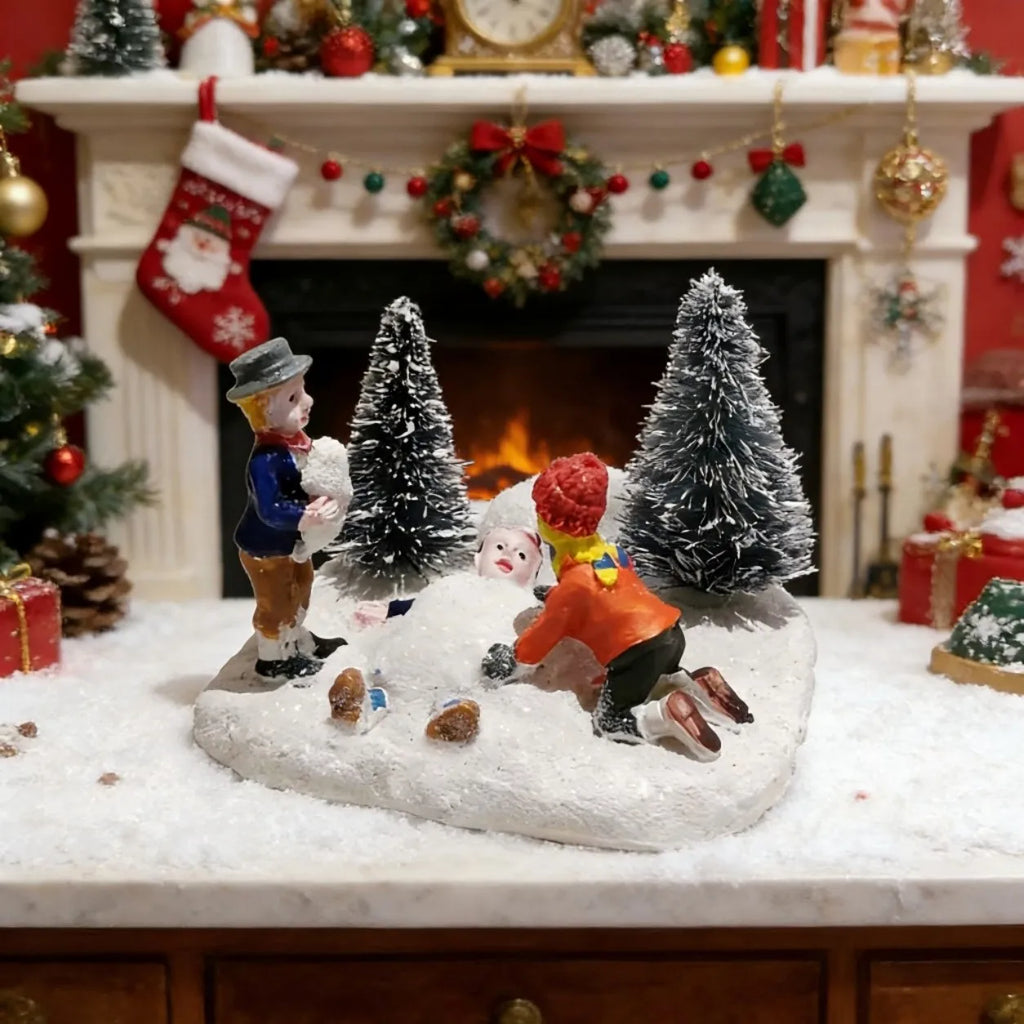 Christmas Village Set Accessories, Kids Playing Figurine, Collectible Building Scene Decoration, Home Fireplace, Holiday Decor