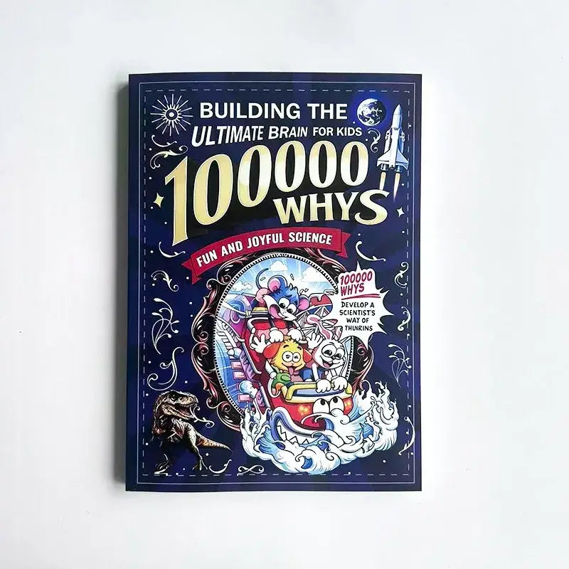 Ein lebendiges blaues Kinderbildungsbuch mit dem Titel 100000 Whys, mit farbenfrohen Cartoonfiguren und raumfahrtinspirierten Illustrationen, gestaltet als Naturwissenschafts-Enzyklopädie für Kinder.