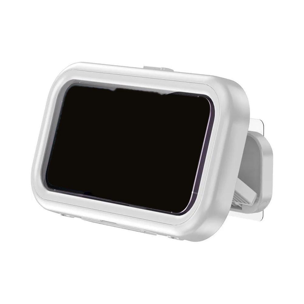White plastic waterproof case wall-mounted phone holder with rectangular frame and black screen insert designed for 360 degree rotating shower use.