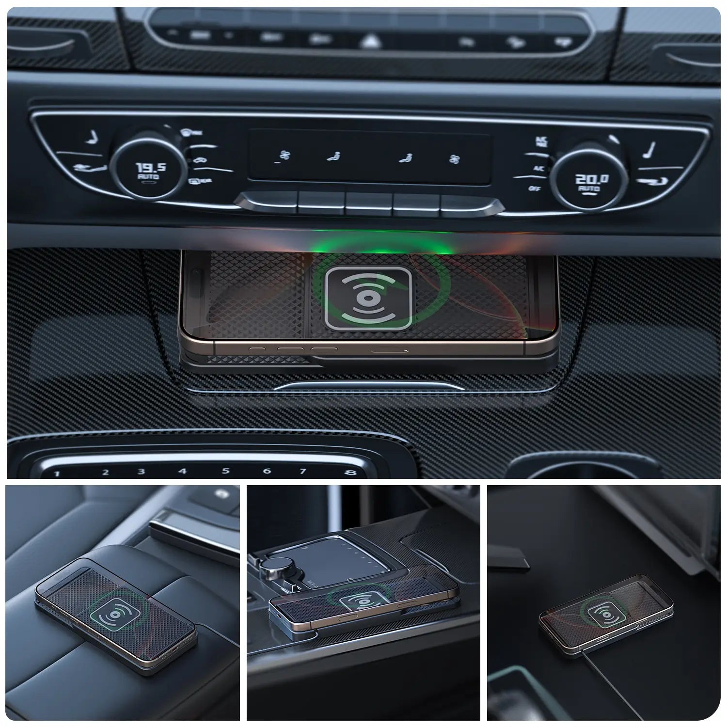 un soporte para tapete de carga inalámbrica para automóvil, de color negro elegante, con textura de fibra de carbono y carga rápida inalámbrica, con un símbolo verde luminoso sutil en su superficie