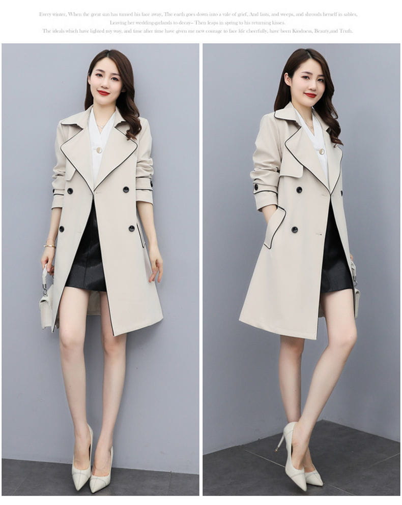Beige women double breasted trench coat featuring black button accents and contrasting trim.