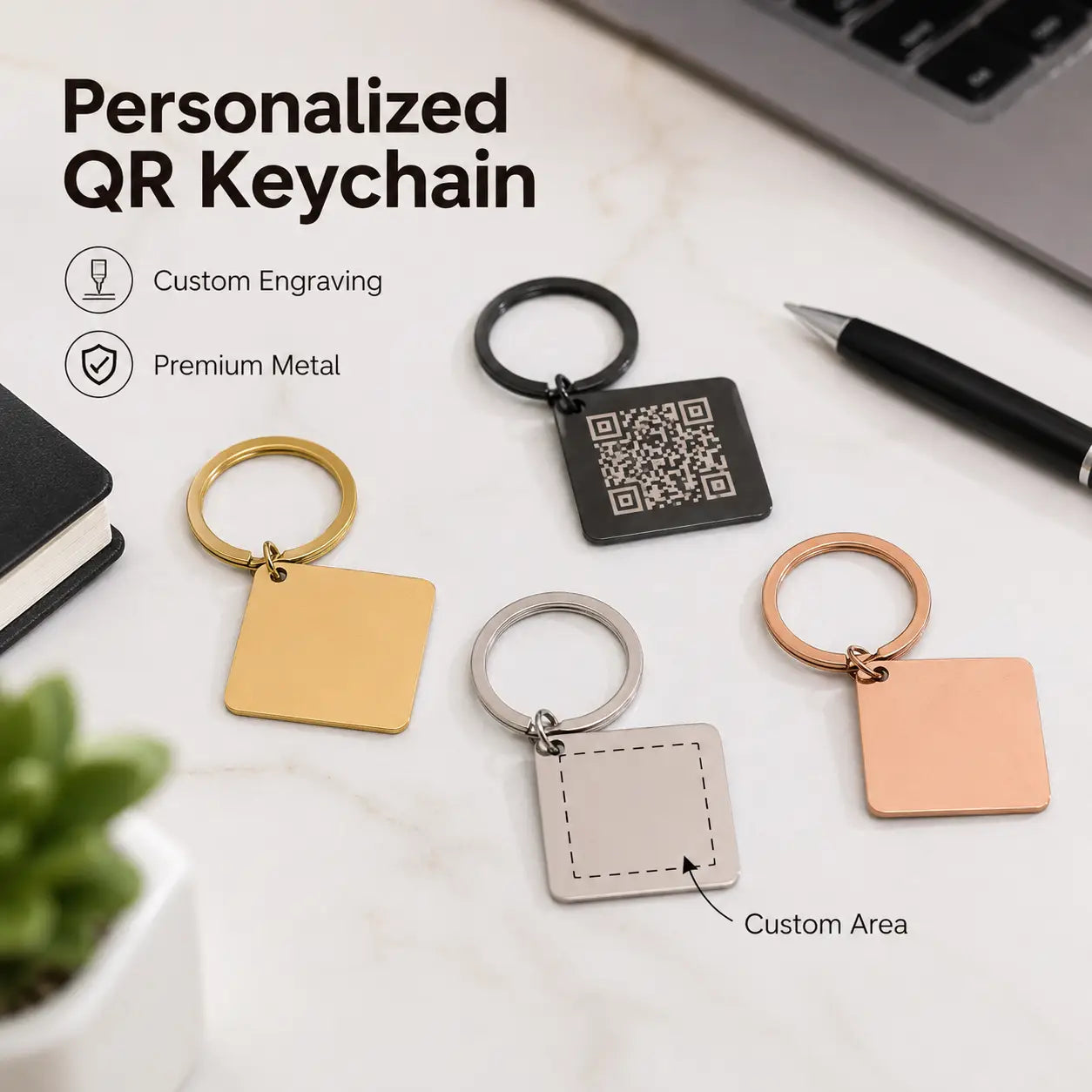 Custom QR code metal keychain with a square shape and sleek metallic finish available in gold silver rose gold or black for personalized engraved gifts.
