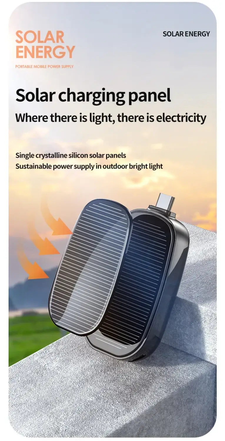 Black and silver portable charger power bank with single crystalline silicon panels key ring design and 1200mah capacity.