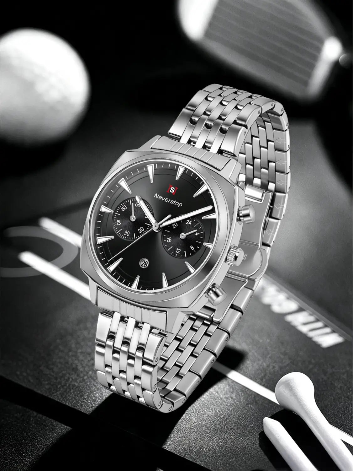 Men’s stainless steel chronograph watch with a silver-toned case, black dial, white hour markers and hands, featuring three subdials for precise timing functions.