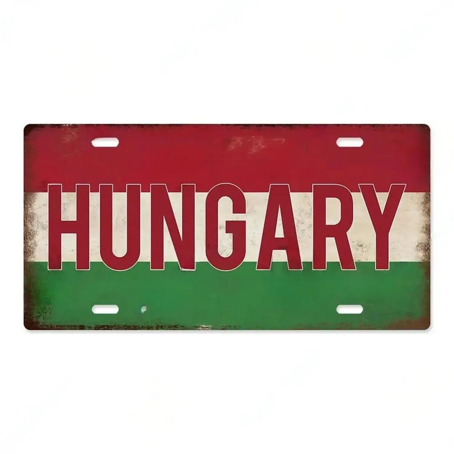 Rustic metal license plate with red white and green horizontal stripes and the word Hungary in bold maroon letters vintage wall decor.