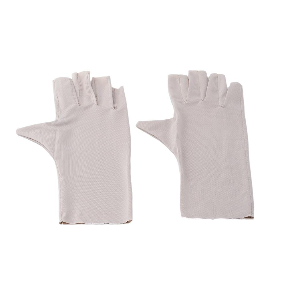 A pair of light gray uv protection fingerless sunscreen driving gloves made from smooth slightly textured fabric with neatly stitched seams and reinforced fingertips showing the back side.