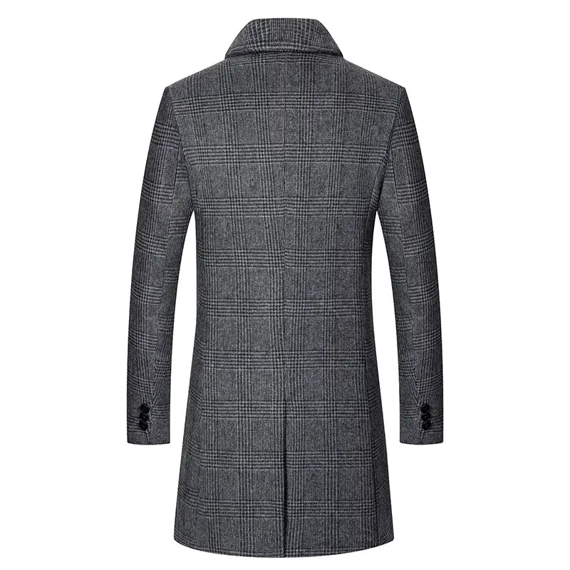 A classic gray plaid wool overcoat with a notched collar and three-button cuffs designed as a men’s slim fit winter jacket.
