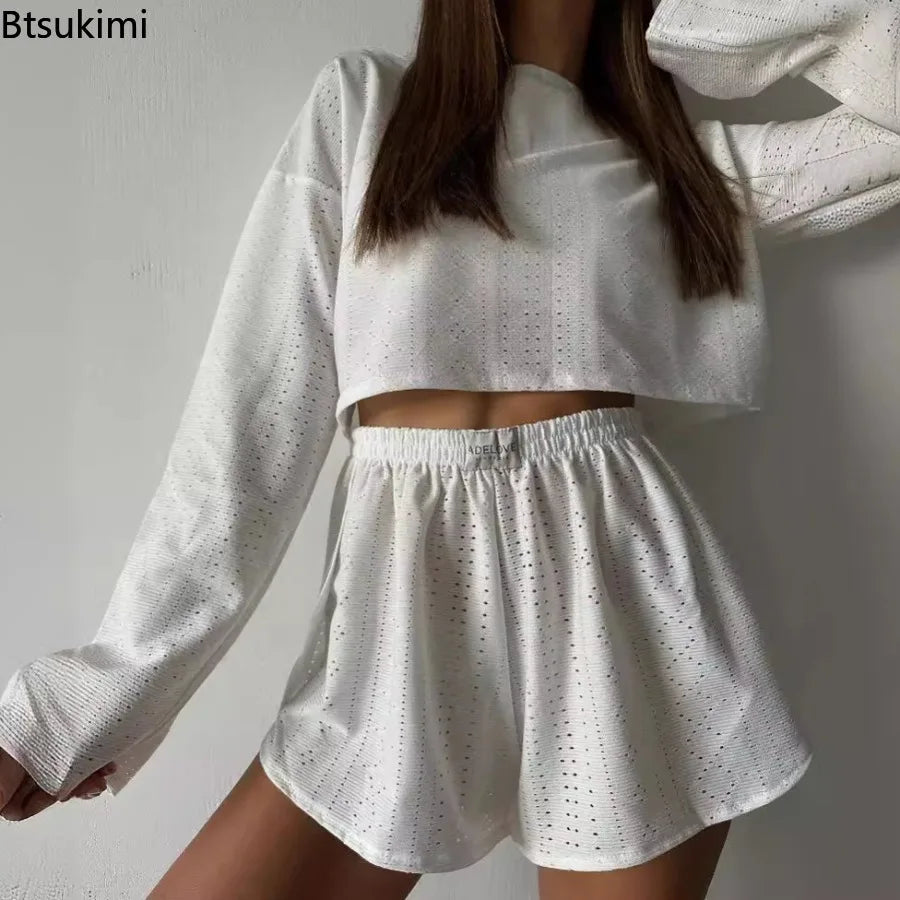New Women's Chic Pajama Set Hollow-Out Long-Sleeve Crop Top and High Split Shorts Breathable Homewear Loungewear Fit Daily Wear