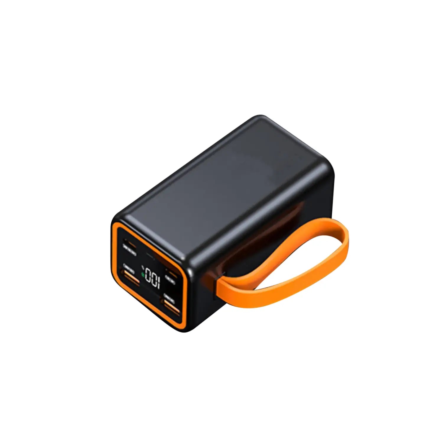 Black rectangular power bank case with orange accents usb ports and carrying loop designed for 4x 21700 batteries with lcd display.