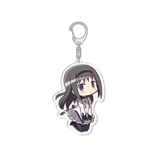 a chibi-style acrylic keychain from the madoka magica anime set featuring a character with long dark gray hair, purple eyes, and a white and black outfit
