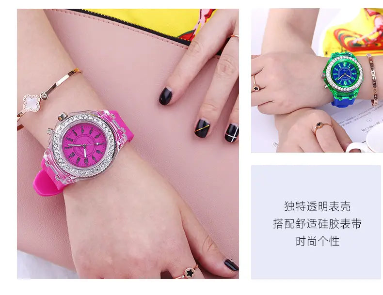 pink transparent led luminous silicone watch with sparkling rhinestone bezel and vibrant pink silicone strap digital timepiece