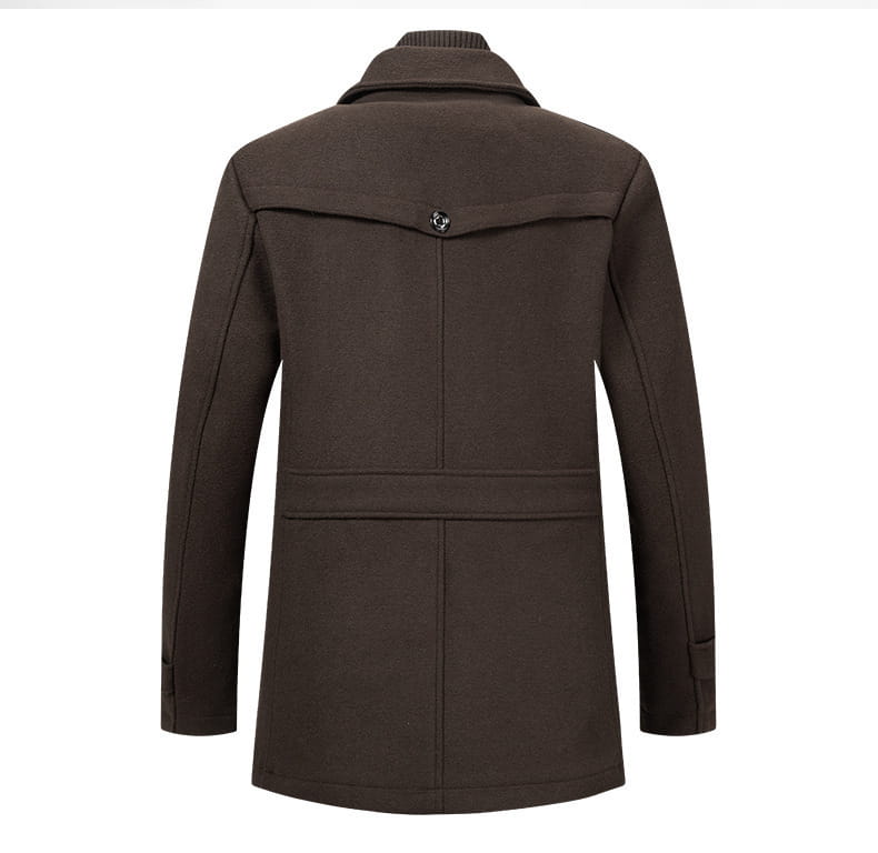 Dunkelbrauner Woll-Trenchcoat für Herren mit Doppelkragen, spitzem Kragen und zwei Fronttaschen, geeignet für Winterbekleidung
