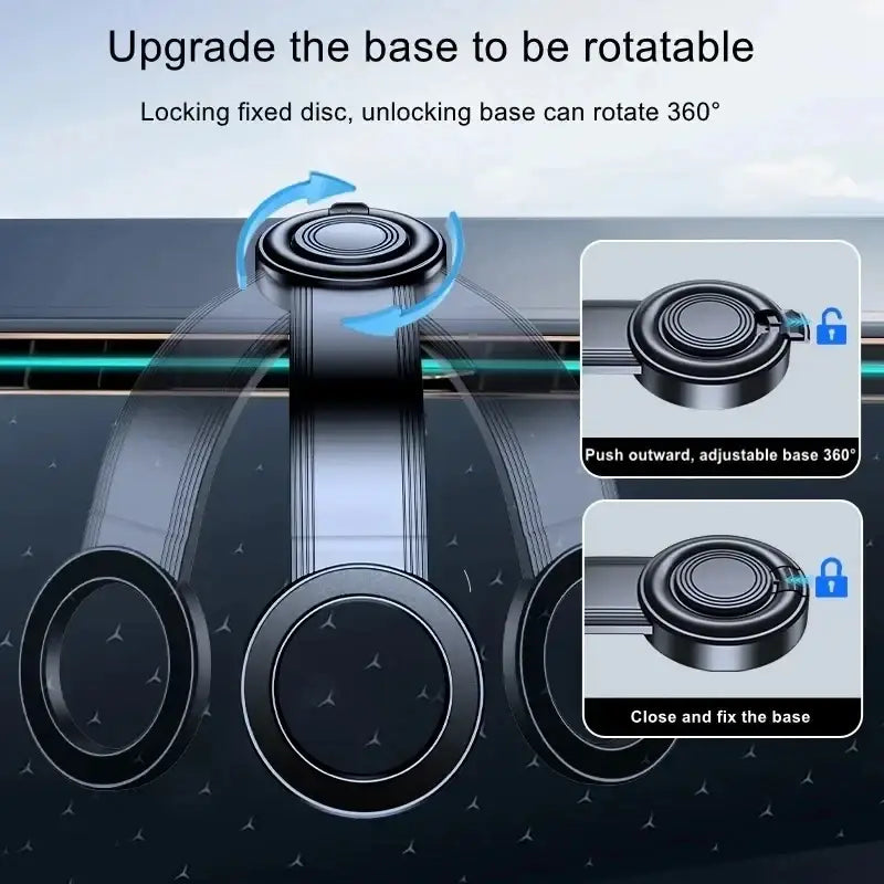 Black magnetic car phone stand with rotatable base and adjustable angle shown from front view