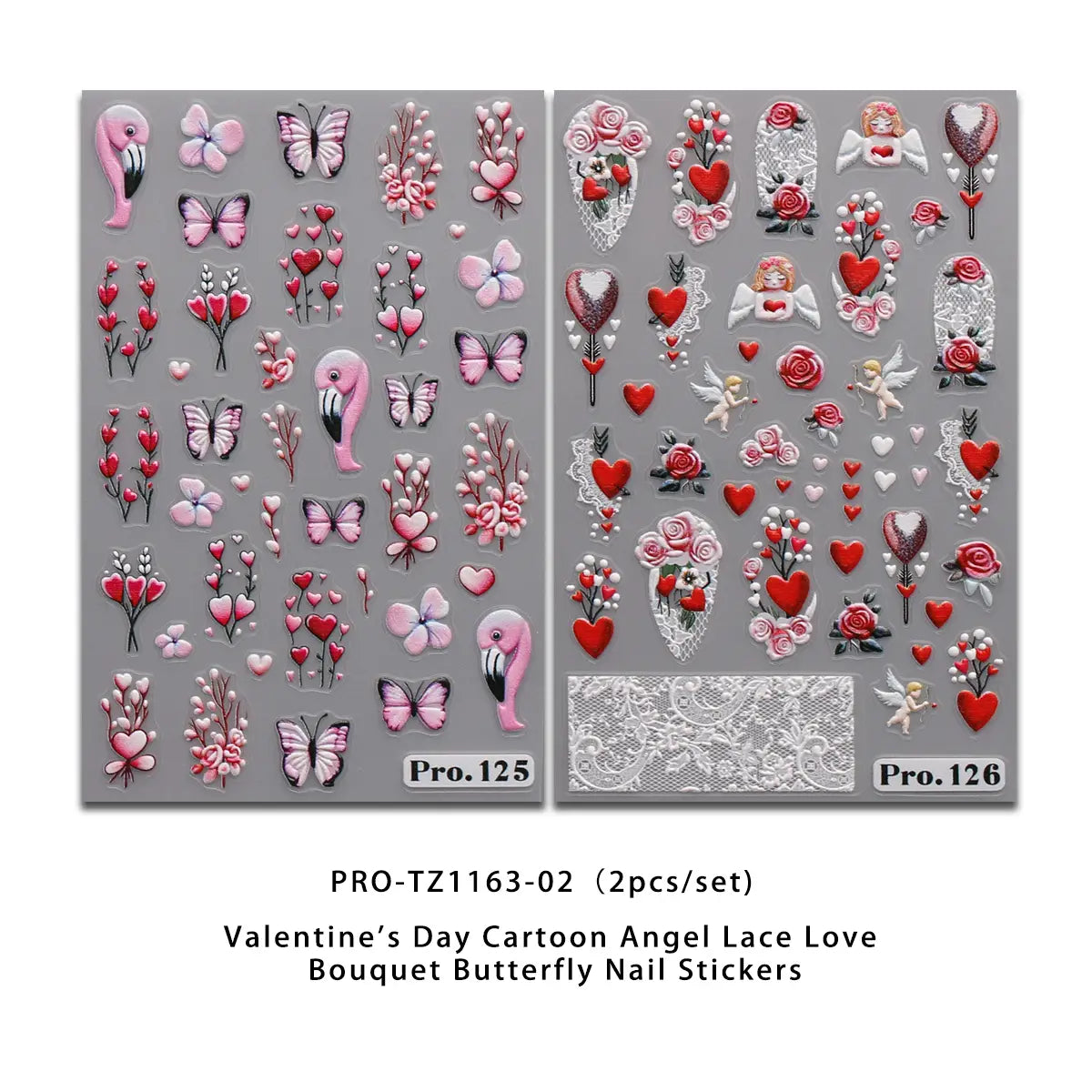 Pegatinas para uñas de San Valentín con corazones de amor y arte floral DIY, que presentan diseños tipo caricatura de ángel, encaje, ramo de amor y mariposa en rosa, rojo y blanco, con acentos brillantes sobre un soporte gris.