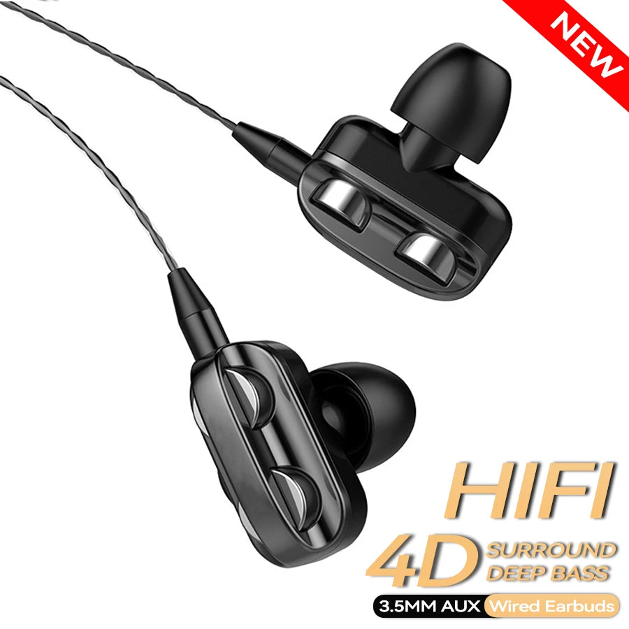 3.5mm Wired Headphones Noise Canceling In-Ear Sports Earphone Dual Driver Bass Stereo Gaming Headset HiFi Music Earbuds With Mic