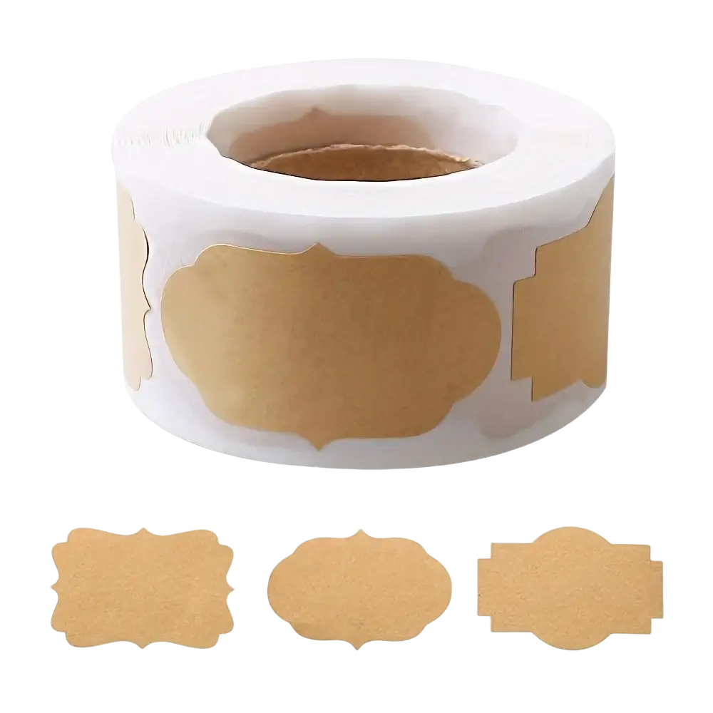 A roll of 500 kraft paper adhesive paper stickers with scalloped edges and white backing for christmas decorations and crafts