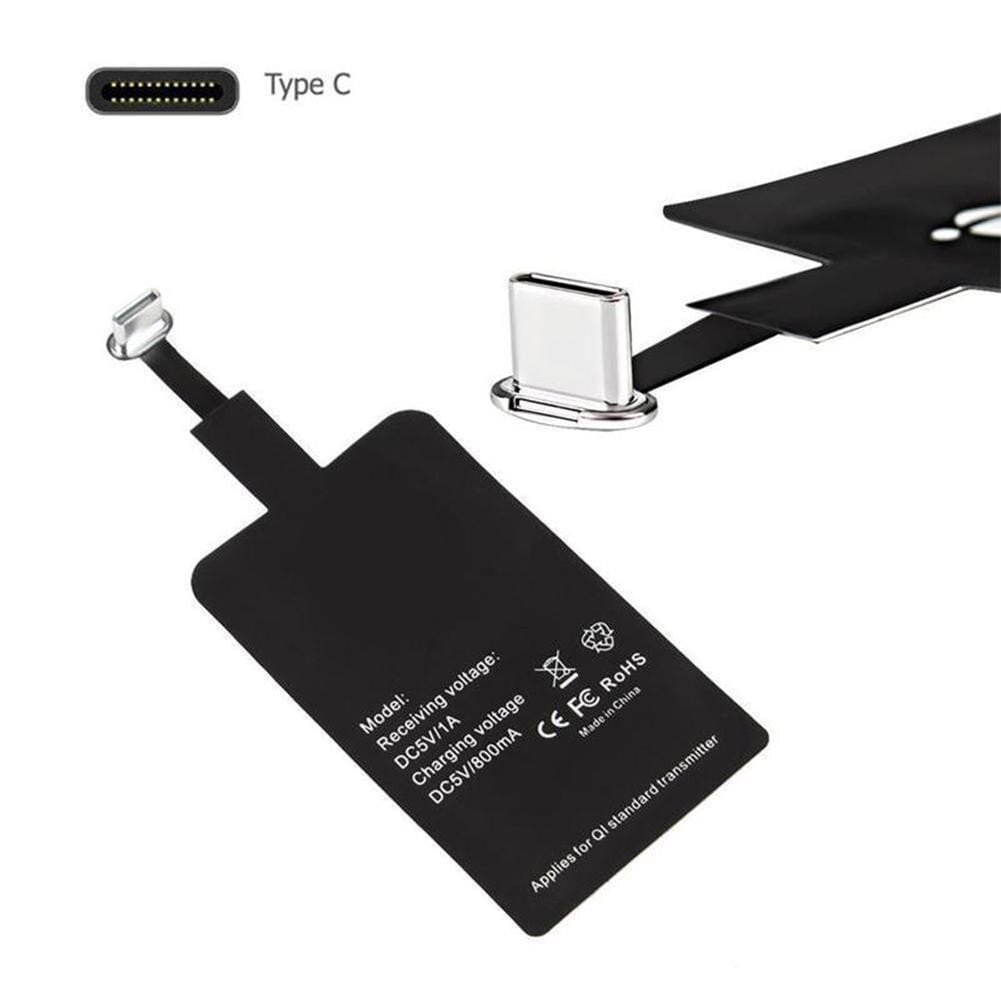 black wireless charging receiver pad for type c android phones with silver type-c connector and printed specifications for wireless charging use