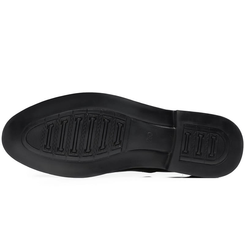 black rubber shoe sole with textured patterned tread design on the back side of men’s leather brogue dress shoes
