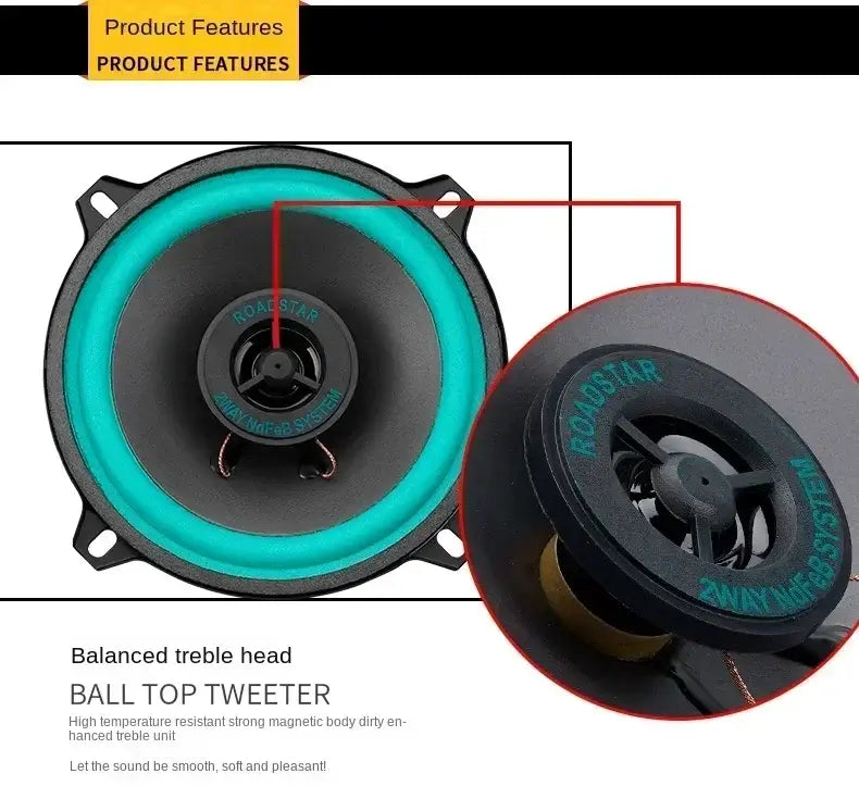 Türkis- und schwarzer Roadstar-Balltop-Tweeter-Lautsprecher mit einem 2-Wege-Wellen-Systemdesign, dargestellt in Roadstar-Koaxialautolautsprechern für Universal Audio Stereo.
