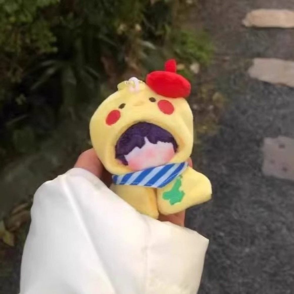 Yellow plush chick keychain with red hat and blue striped scarf in a 10cm animal costume headgear plush doll.