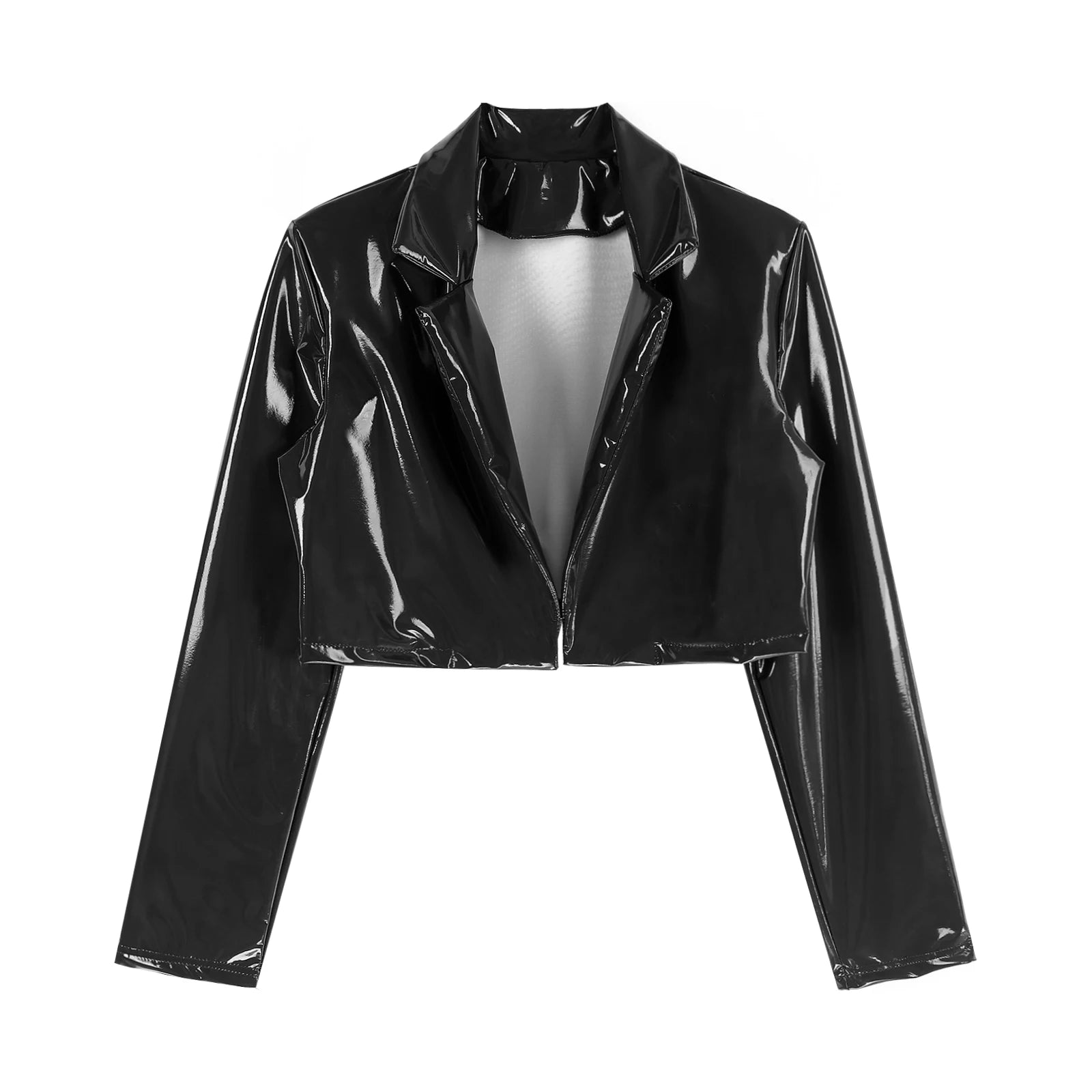 Black patent leather cropped blazer with a sleek glossy finish and structured collar designed as a men patent leather cropped jacket rave motorcycle coat.