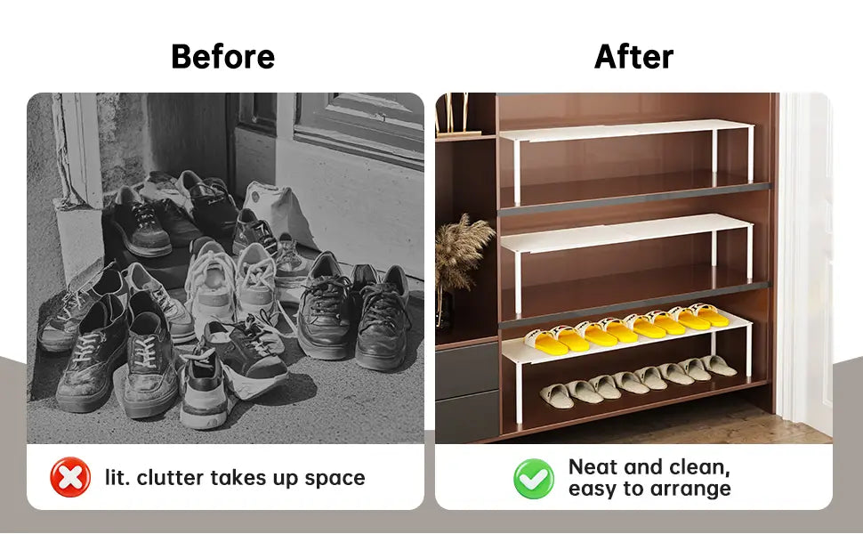 White metal shoe rack with multiple shelves for organized storage in expandable white metal shoe rack storage organizer.