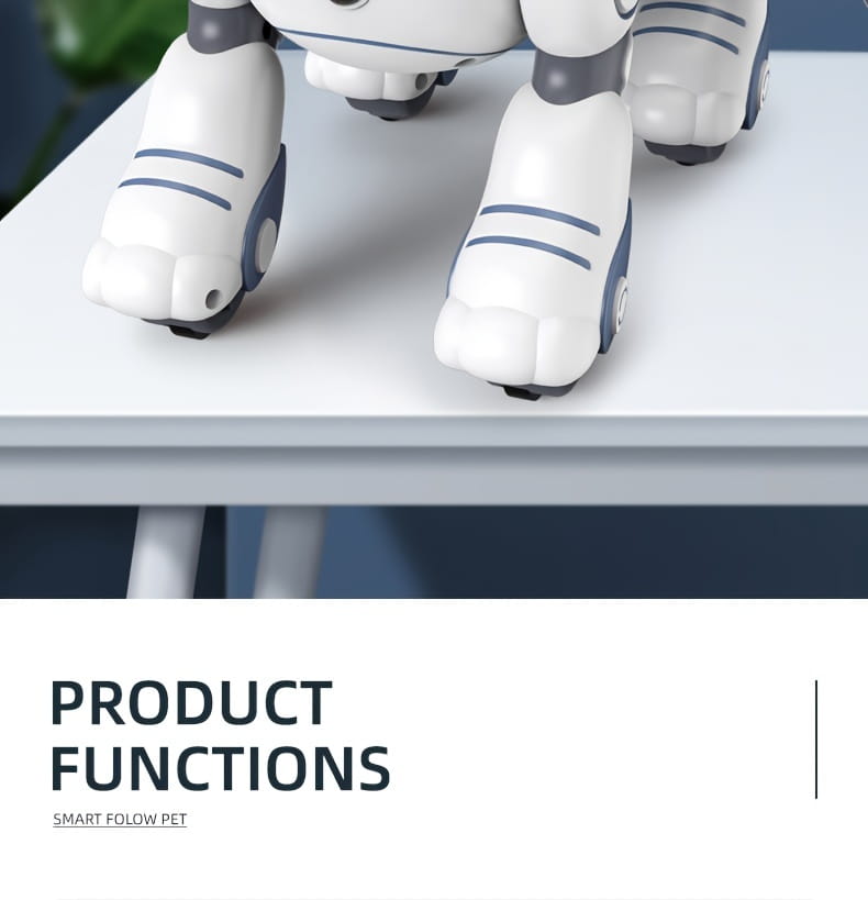 White and gray remote control robotic dog toy with blue stripes on its legs featuring a sleek plastic design and rechargeable battery.