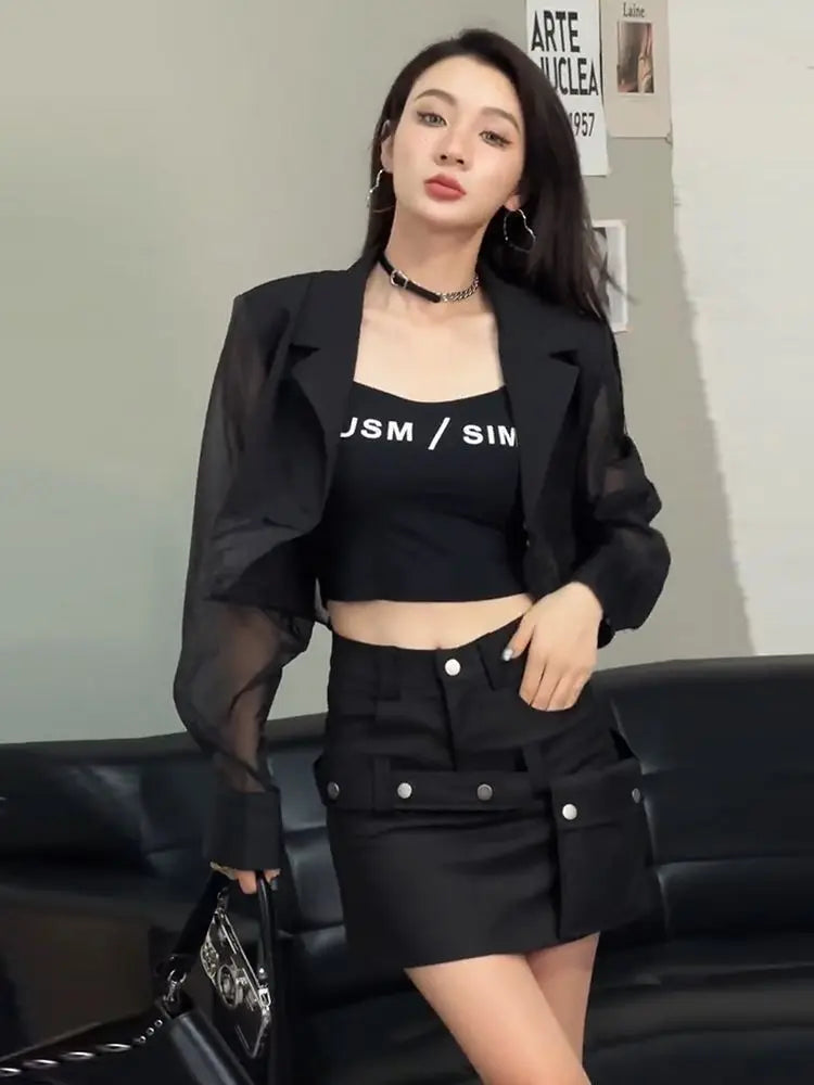 See Through Blazers Women Crops Korean Style Sun-proof Office Ladies Temperament High Street Fashion Summer Breathable Notched