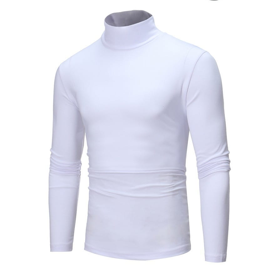 Camisa térmica tipo cuello alto ajustada para hombre color blanco, con mangas largas, diseño ceñido y acanalado horizontal sutil en la cintura.