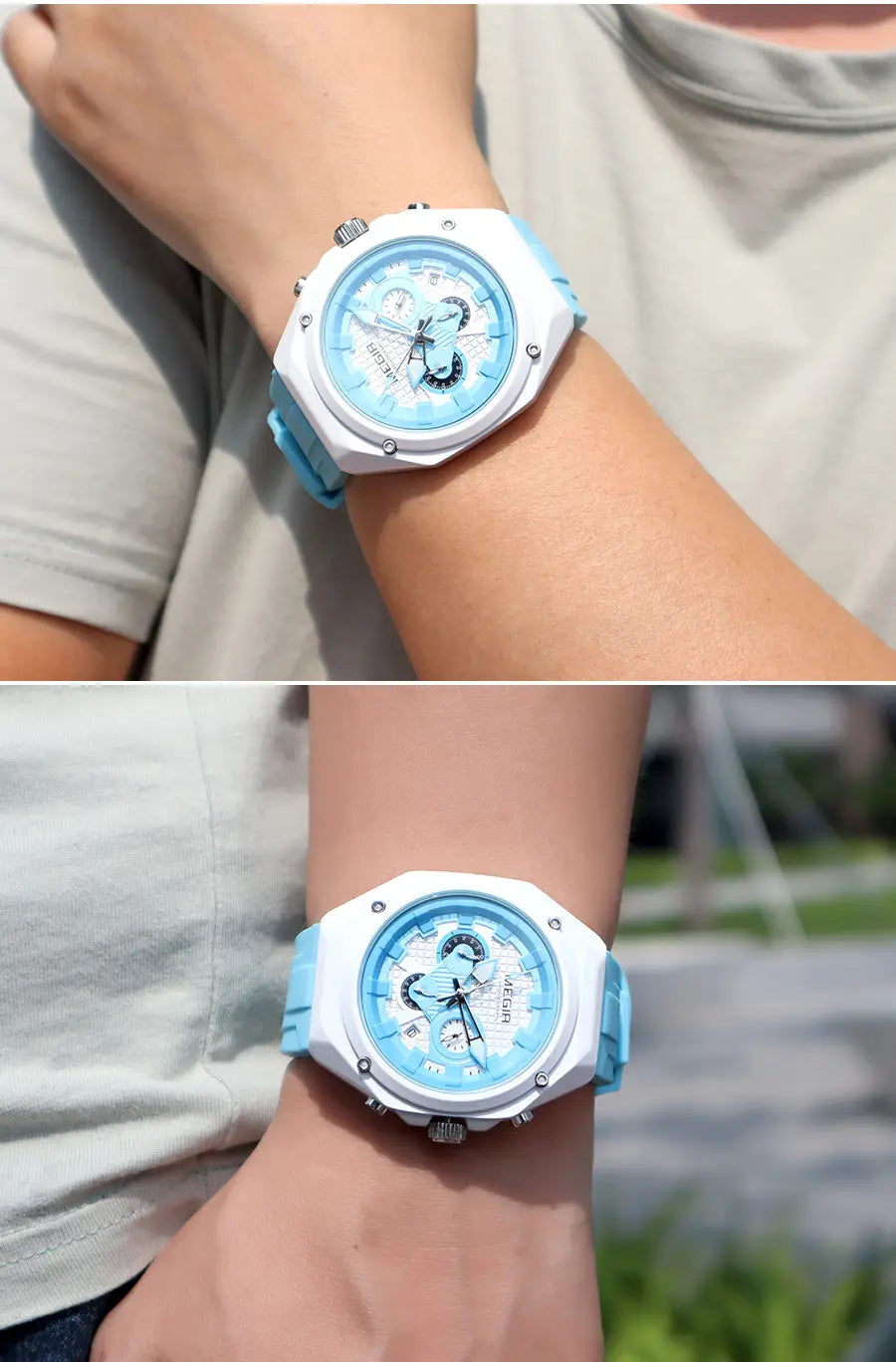 Megir sport chronograph watch with a light blue and white dial, sporty octagonal silicone strap, and durable case design.