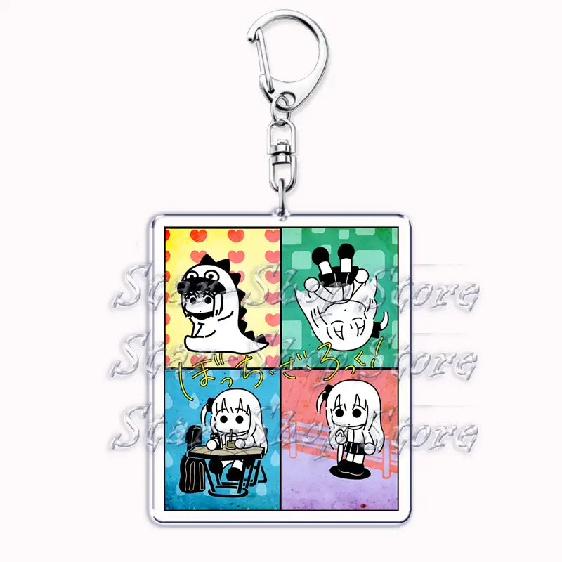 Square acrylic keychain featuring four colorful panels with cartoon characters from the anime K-On against a white background for Anime Character Acrylic Keychain Bocchi the Rock.