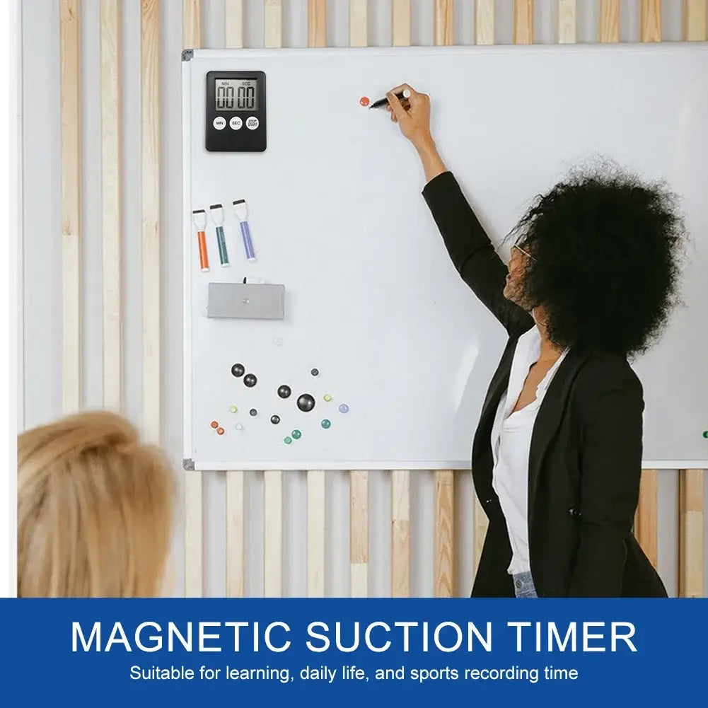 Black digital kitchen timer magnetic stopwatch with three buttons and a digital display showing 00:00 designed for precise time tracking.