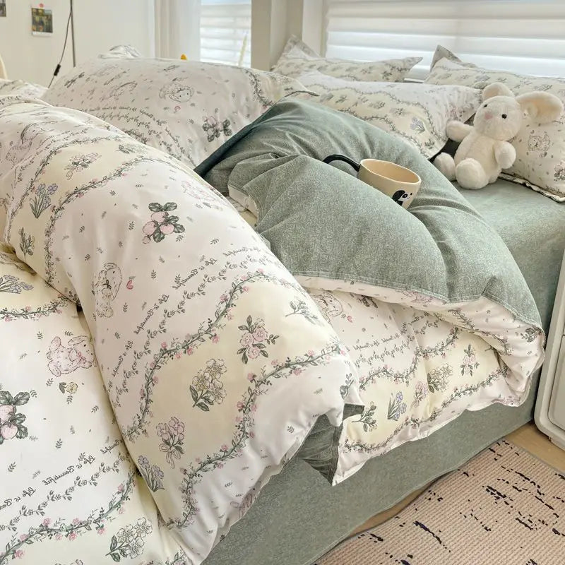 Ins Style Pink Flower Printed Bedding Set Soft Skin-friendly Duvet Cover Set Reactive Dyeing Bed Linens for Girls Bedroom
