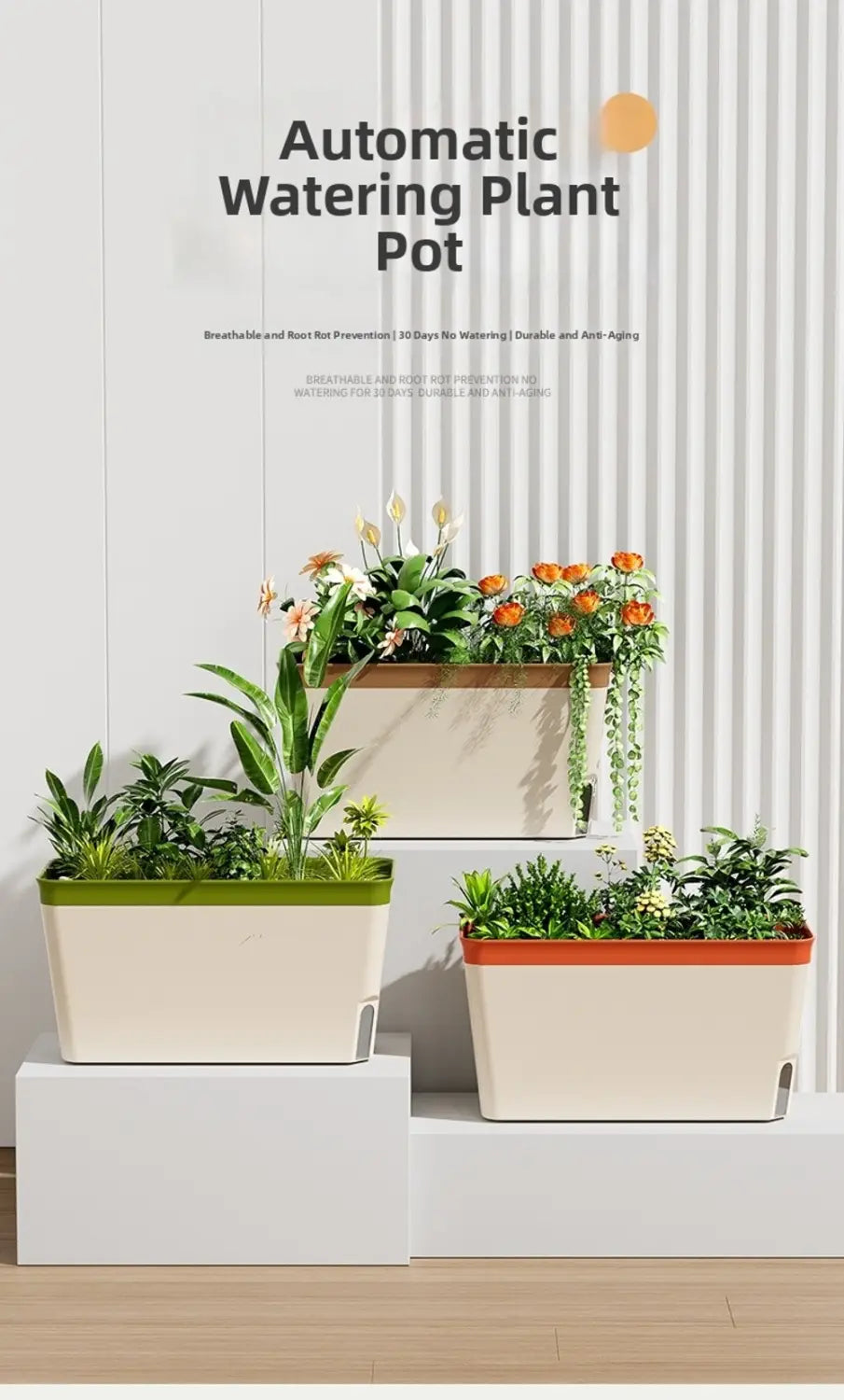 Jardinière auto-arrosante automatique beige et verte pour plantes d’intérieur au design moderne et épuré, avec une fenêtre de niveau d’eau pour un contrôle facile.